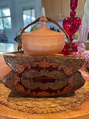 Vintage Italian Tooled Leather Handbag Gold Filigree Frame Bag Snap Closure